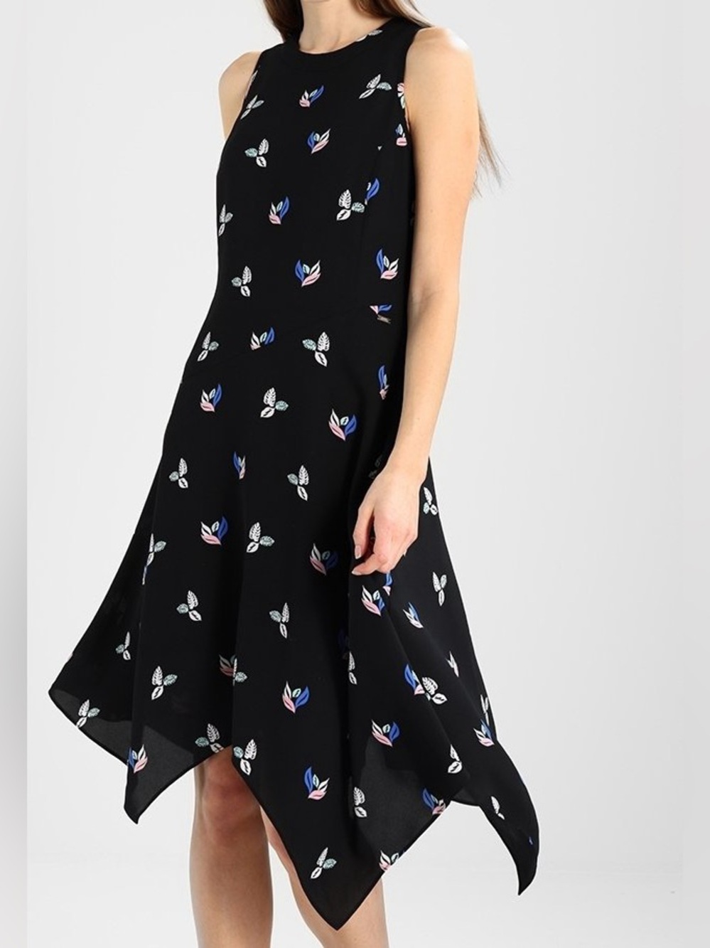 Armani Exchange Black Asymmetrical Hem Multicolour Leaves Pattern Midi Dress